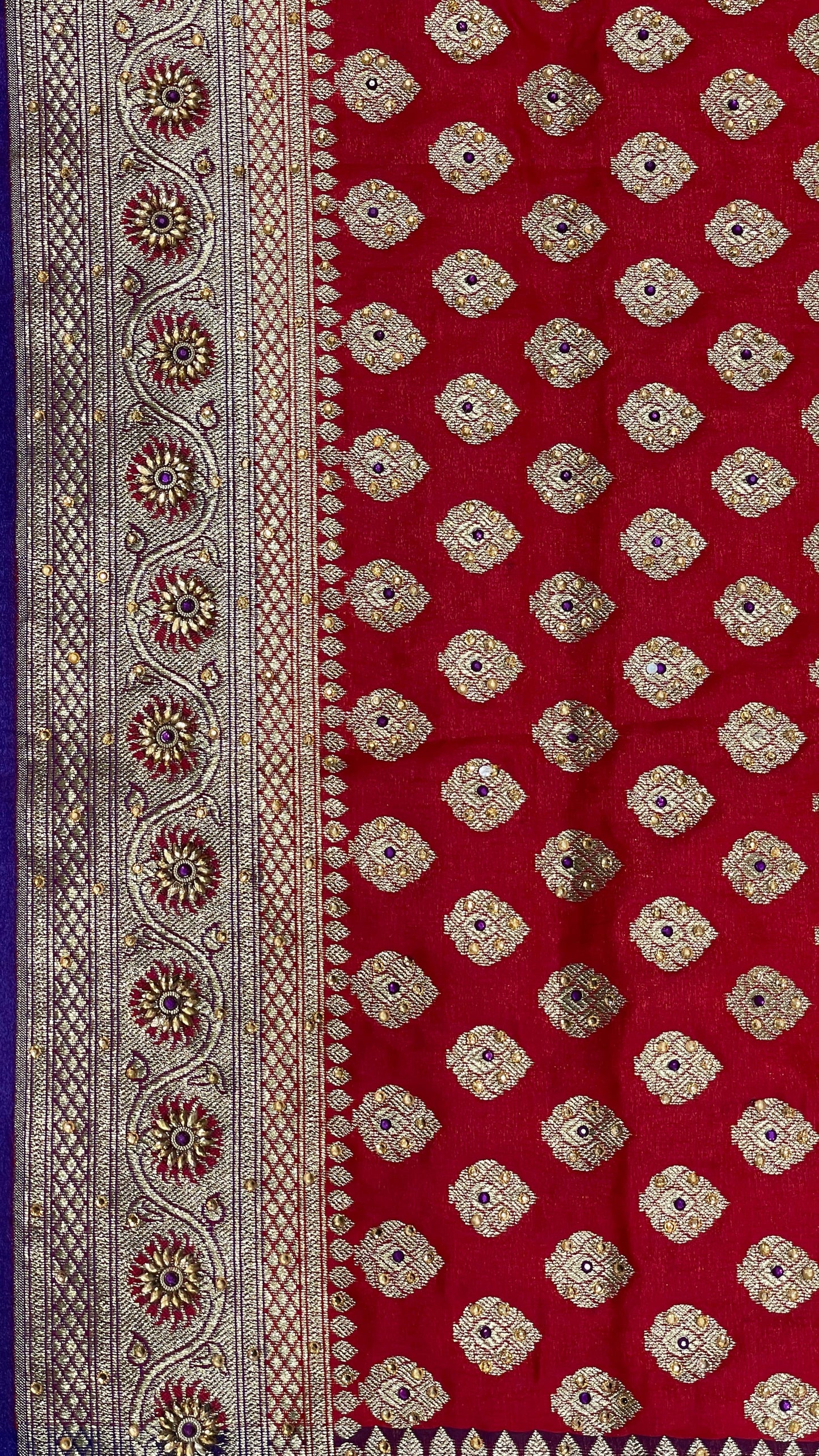 Faishana Presents Red Katan Silk Zari Booti Heavy Stone Work Banarasi Saree with Contrast Blue Floral Pallu and Blue Blouse