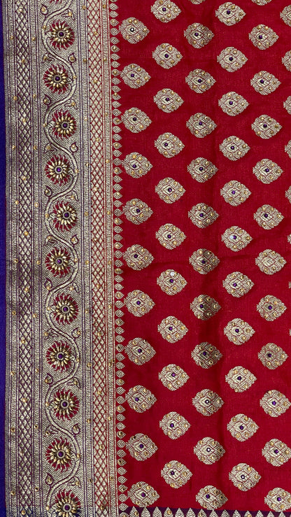 Faishana Presents Red Katan Silk Zari Booti Heavy Stone Work Banarasi Saree with Contrast Blue Floral Pallu and Blue Blouse