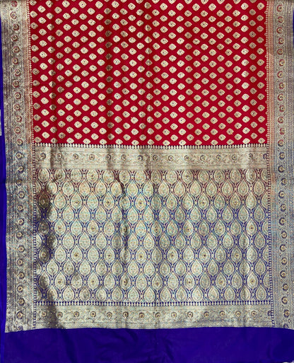 Faishana Presents Red Katan Silk Zari Booti Heavy Stone Work Banarasi Saree with Contrast Blue Floral Pallu and Blue Blouse