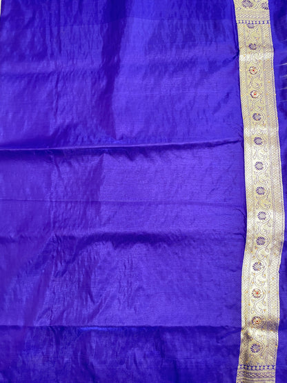 Faishana Presents Purple Katan Silk Zari Booti Heavy Stone Work Banarasi Saree with Contrast Blue Floral Pallu and Blue Blouse