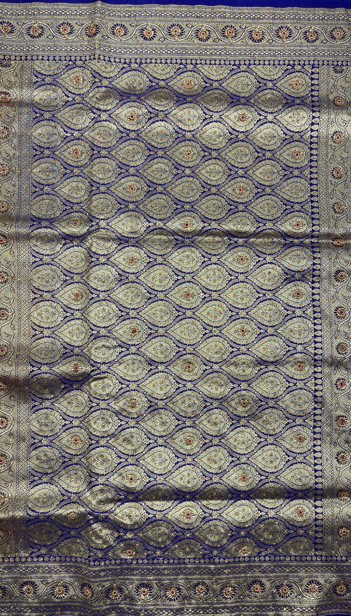Faishana Presents Purple Katan Silk Zari Booti Heavy Stone Work Banarasi Saree with Contrast Blue Floral Pallu and Blue Blouse