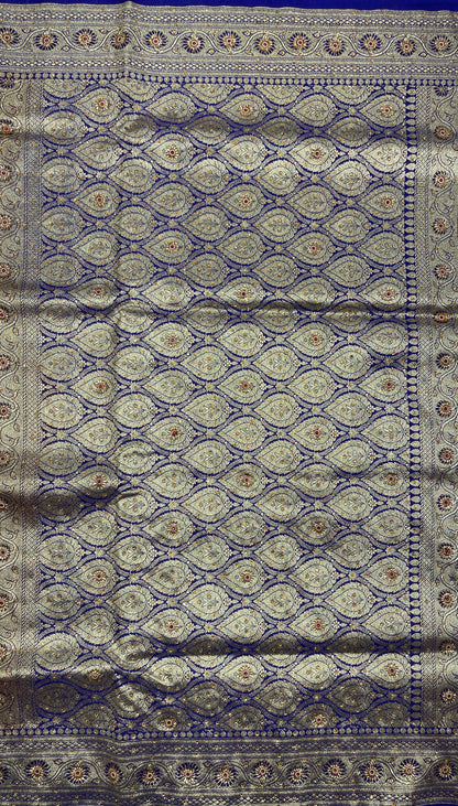 Faishana Presents Purple Katan Silk Zari Booti Heavy Stone Work Banarasi Saree with Contrast Blue Floral Pallu and Blue Blouse