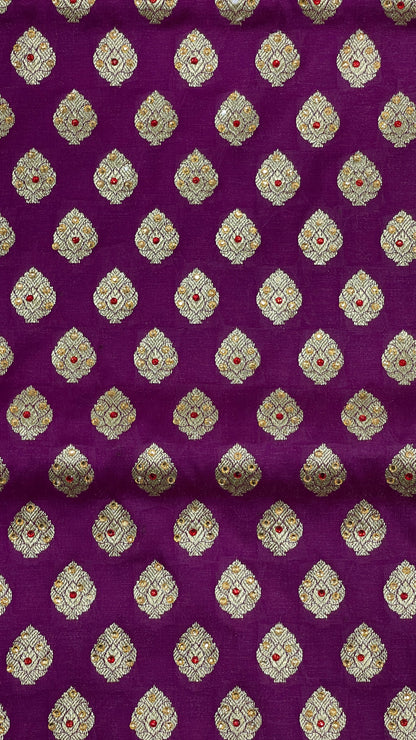 Faishana Presents Purple Katan Silk Zari Booti Heavy Stone Work Banarasi Saree with Contrast Blue Floral Pallu and Blue Blouse