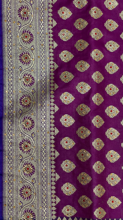 Faishana Presents Purple Katan Silk Zari Booti Heavy Stone Work Banarasi Saree with Contrast Blue Floral Pallu and Blue Blouse