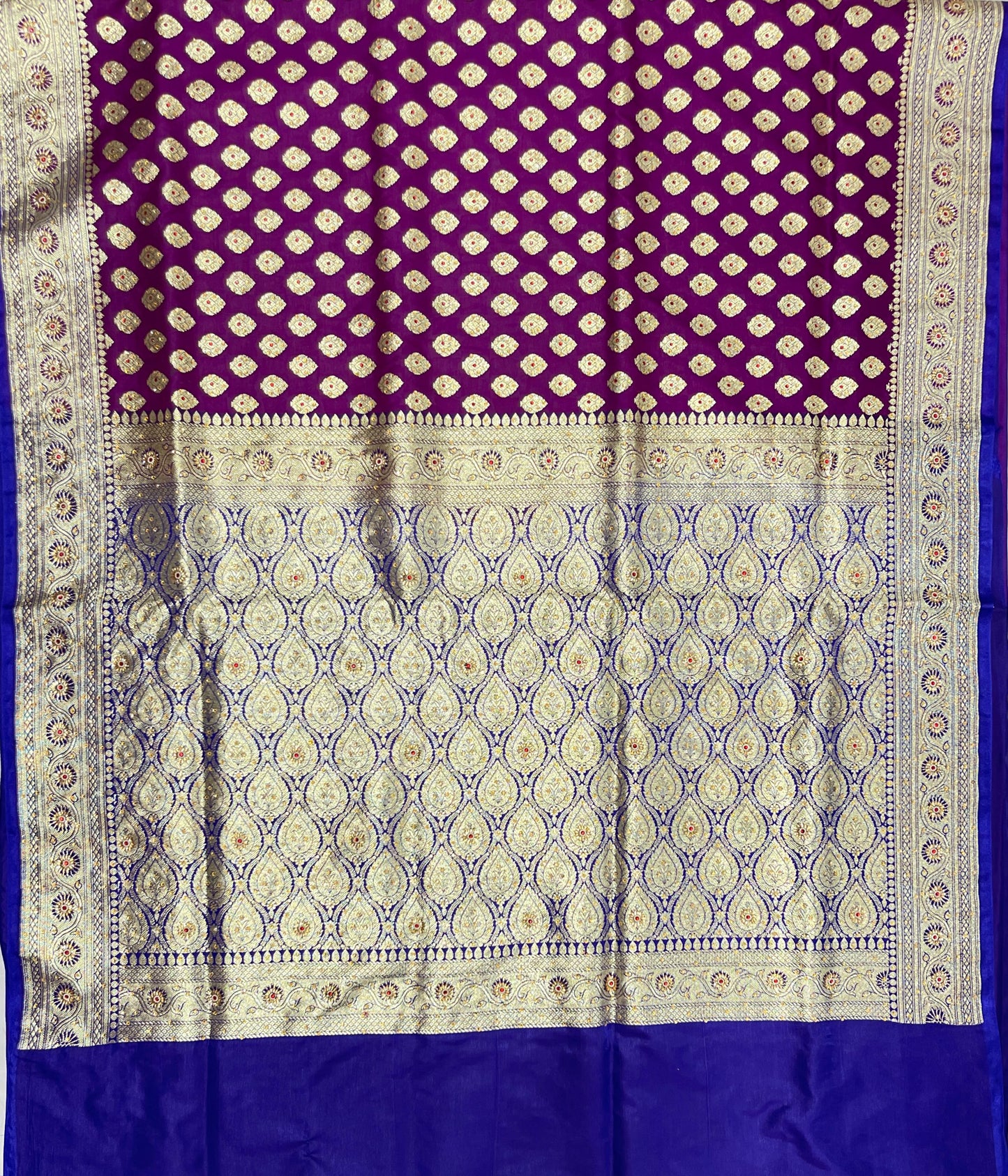 Faishana Presents Purple Katan Silk Zari Booti Heavy Stone Work Banarasi Saree with Contrast Blue Floral Pallu and Blue Blouse