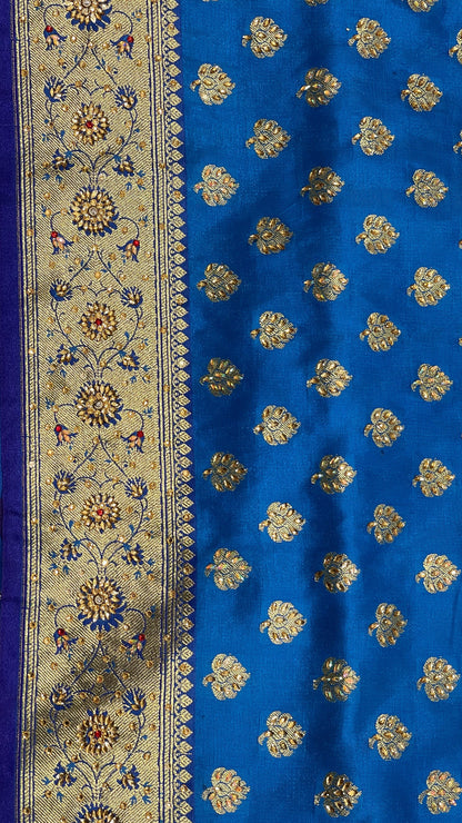 Faishana Presents Turqouise Blue Satin Silk Floral Zari Booti Heavy Stone Work Banarasi Saree with Contrast Blue Pallu and Blue Blouse