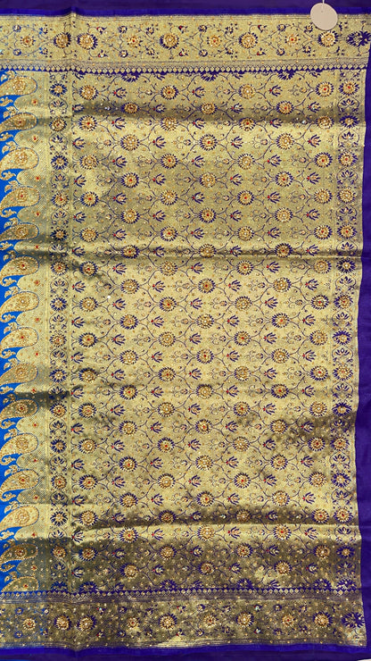 Faishana Presents Turqouise Blue Satin Silk Floral Zari Booti Heavy Stone Work Banarasi Saree with Contrast Blue Pallu and Blue Blouse