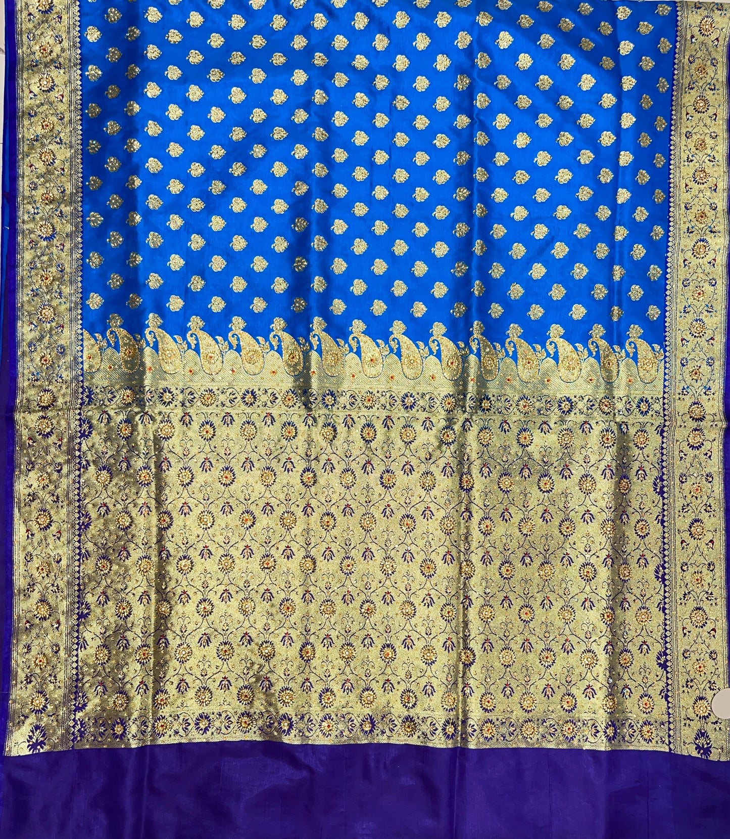 Faishana Presents Turqouise Blue Satin Silk Floral Zari Booti Heavy Stone Work Banarasi Saree with Contrast Blue Pallu and Blue Blouse