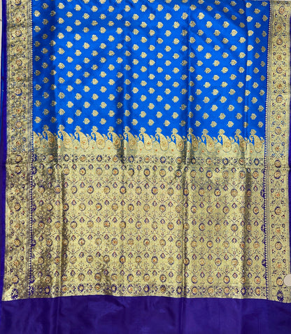 Faishana Presents Turqouise Blue Satin Silk Floral Zari Booti Heavy Stone Work Banarasi Saree with Contrast Blue Pallu and Blue Blouse
