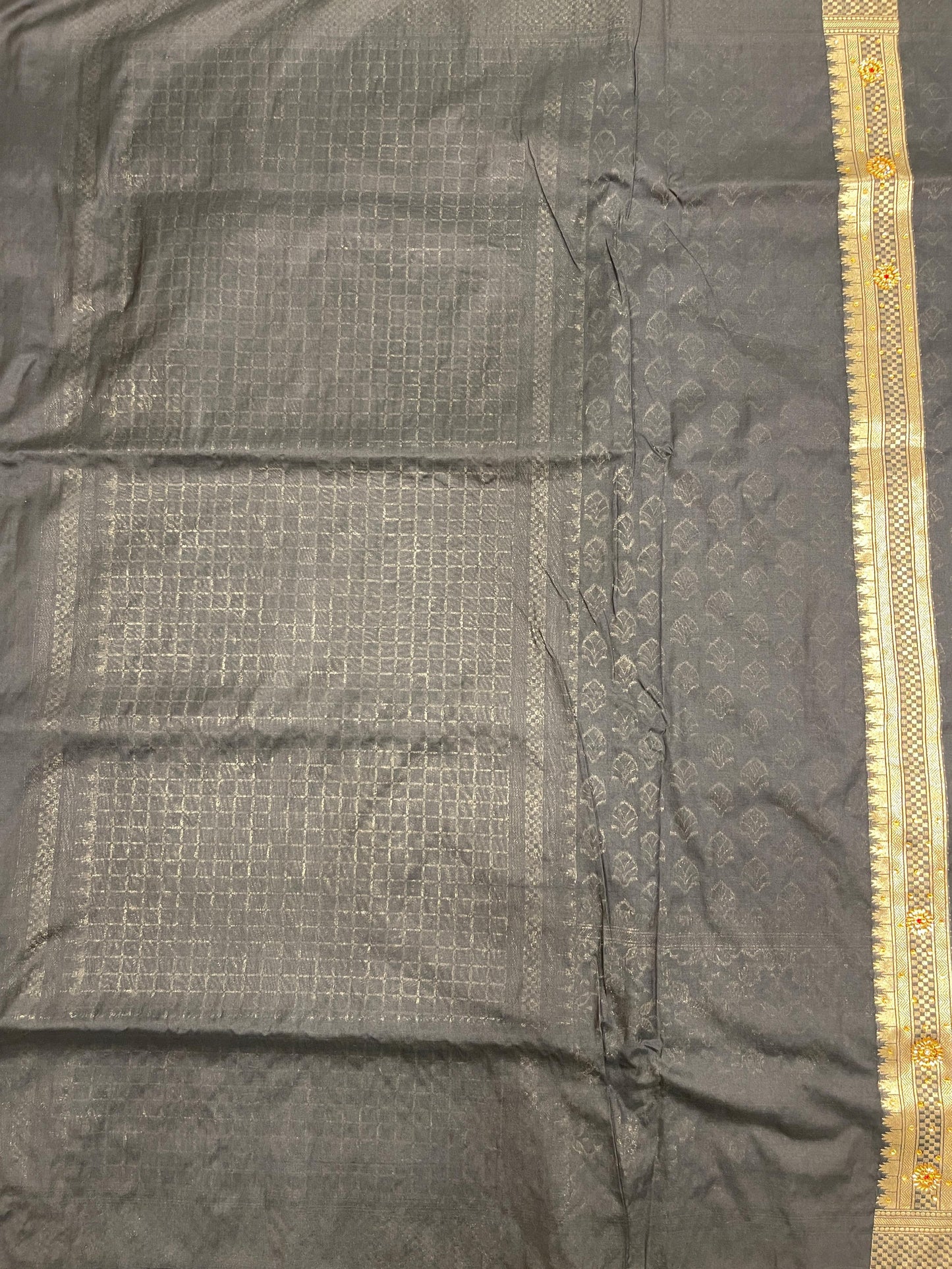 Faishana Presents Black Satin Silk Floral Zari Booti Heavy Stone Work Banarasi Saree with Checkered Pallu Skirt Zari and Black Blouse