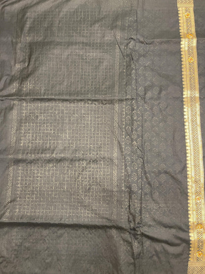 Faishana Presents Black Satin Silk Floral Zari Booti Heavy Stone Work Banarasi Saree with Checkered Pallu Skirt Zari and Black Blouse