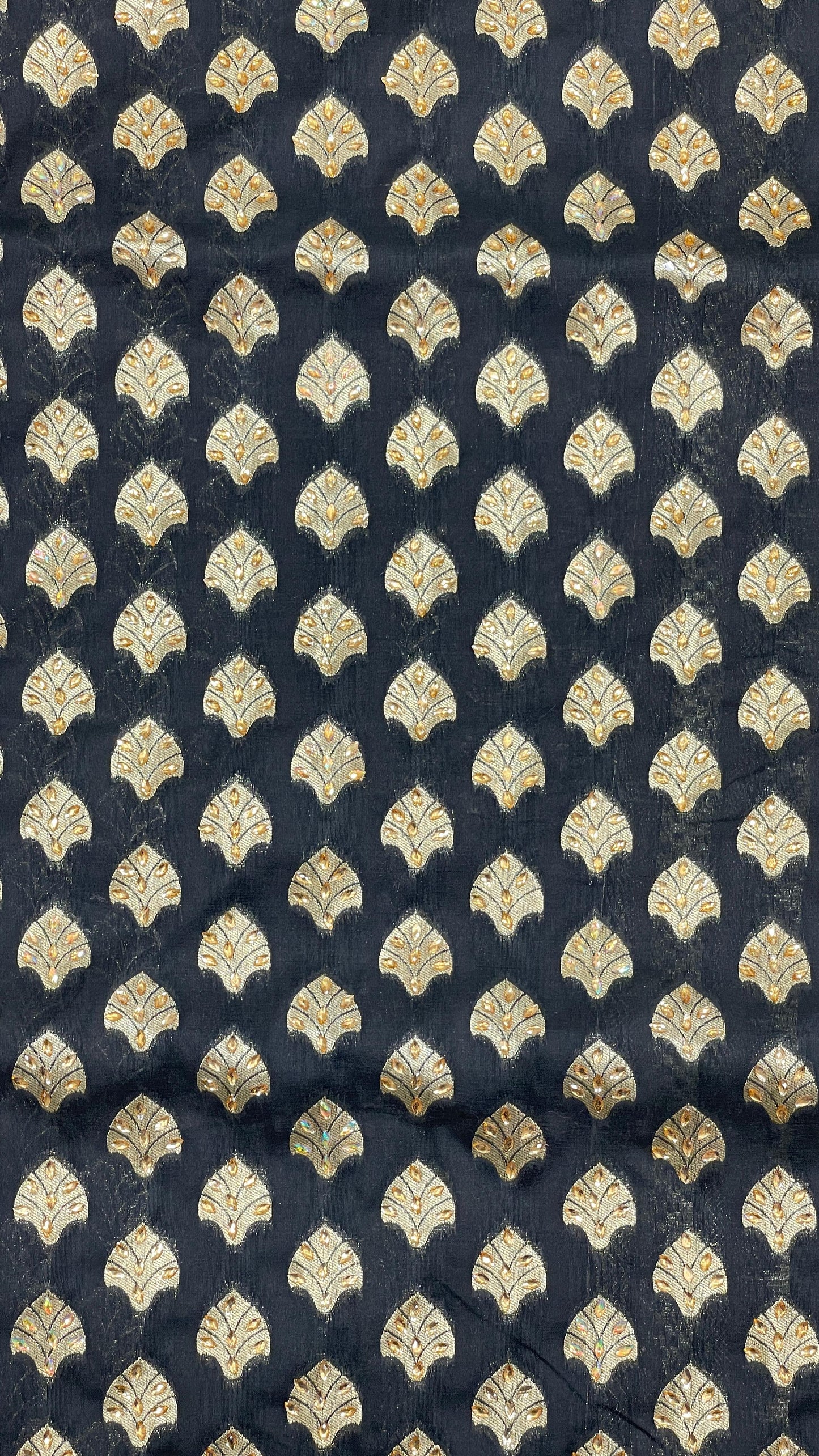 Faishana Presents Black Satin Silk Floral Zari Booti Heavy Stone Work Banarasi Saree with Checkered Pallu Skirt Zari and Black Blouse