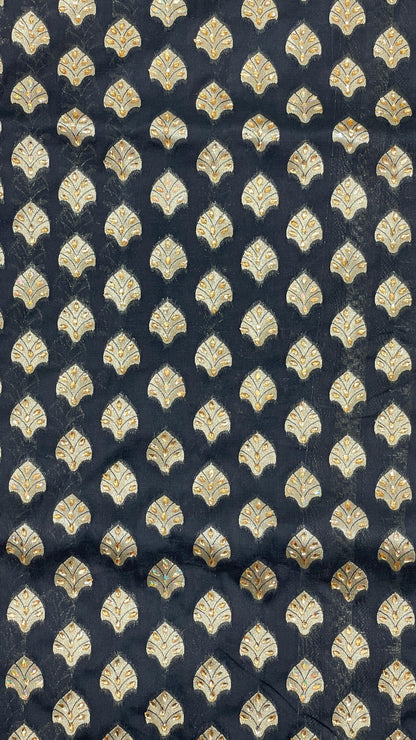 Faishana Presents Black Satin Silk Floral Zari Booti Heavy Stone Work Banarasi Saree with Checkered Pallu Skirt Zari and Black Blouse