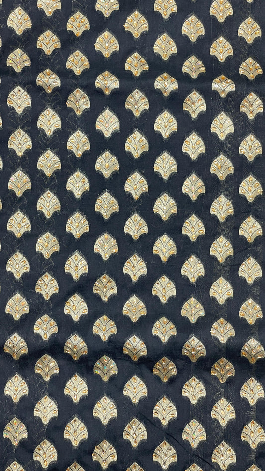 Faishana Presents Black Satin Silk Floral Zari Booti Heavy Stone Work Banarasi Saree with Checkered Pallu Skirt Zari and Black Blouse