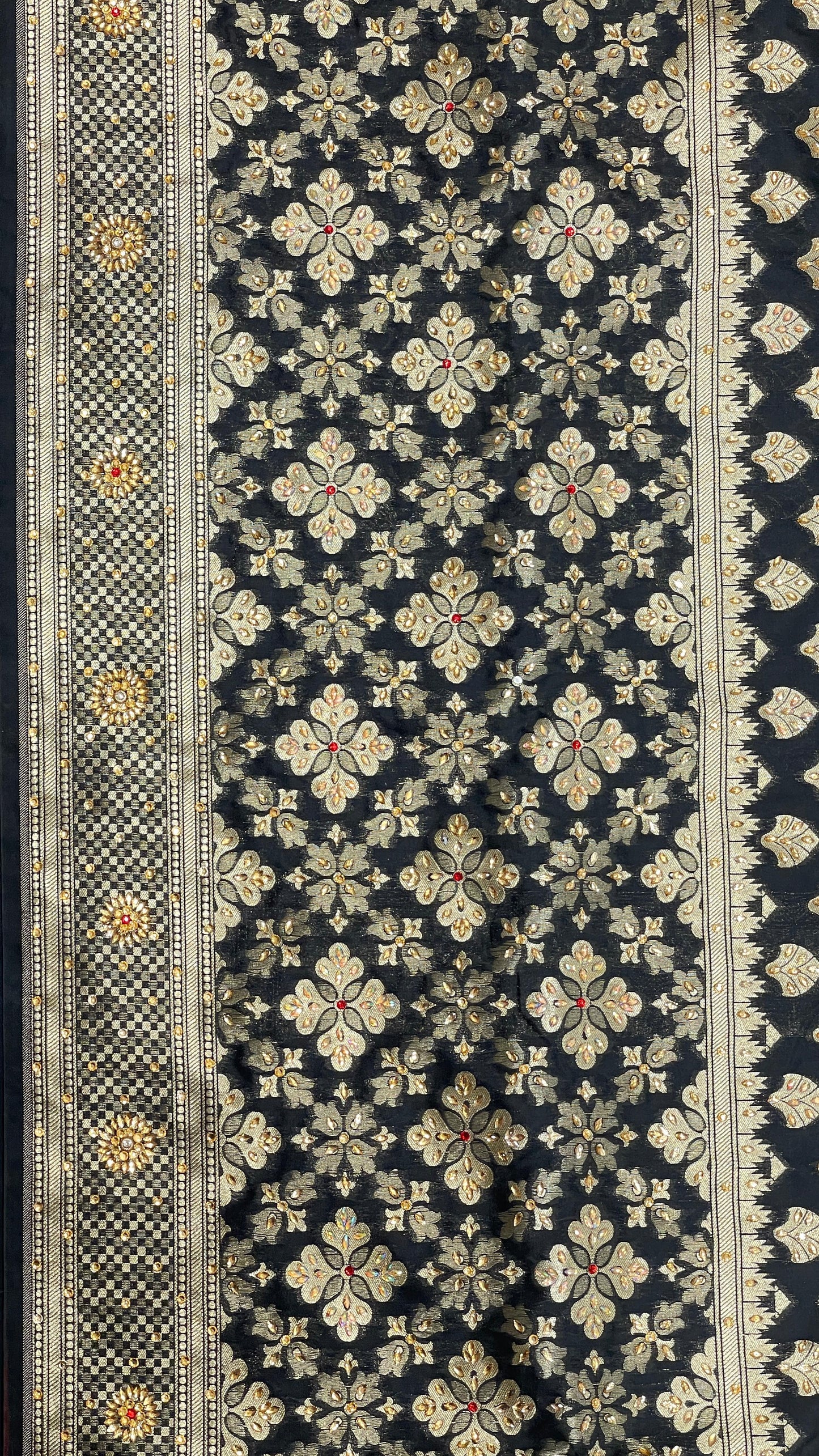 Faishana Presents Black Satin Silk Floral Zari Booti Heavy Stone Work Banarasi Saree with Checkered Pallu Skirt Zari and Black Blouse
