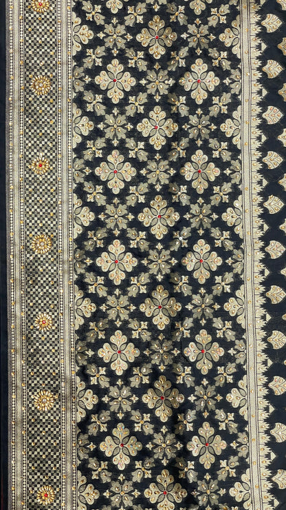 Faishana Presents Black Satin Silk Floral Zari Booti Heavy Stone Work Banarasi Saree with Checkered Pallu Skirt Zari and Black Blouse