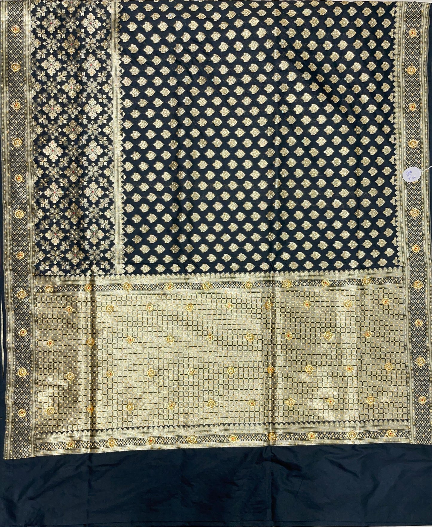 Faishana Presents Black Satin Silk Floral Zari Booti Heavy Stone Work Banarasi Saree with Checkered Pallu Skirt Zari and Black Blouse