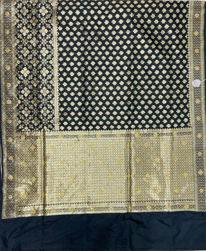 Faishana Presents Black Satin Silk Floral Zari Booti Heavy Stone Work Banarasi Saree with Checkered Pallu Skirt Zari and Black Blouse