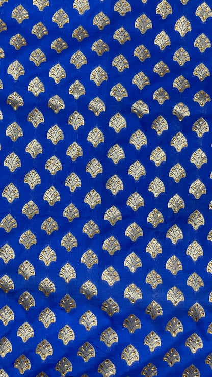 Faishana Presents Blue Satin Silk Floral Zari Booti Stone Heavy Work Banarasi Saree with Checkered Pallu Skirt Zari Border and Blue Blouse