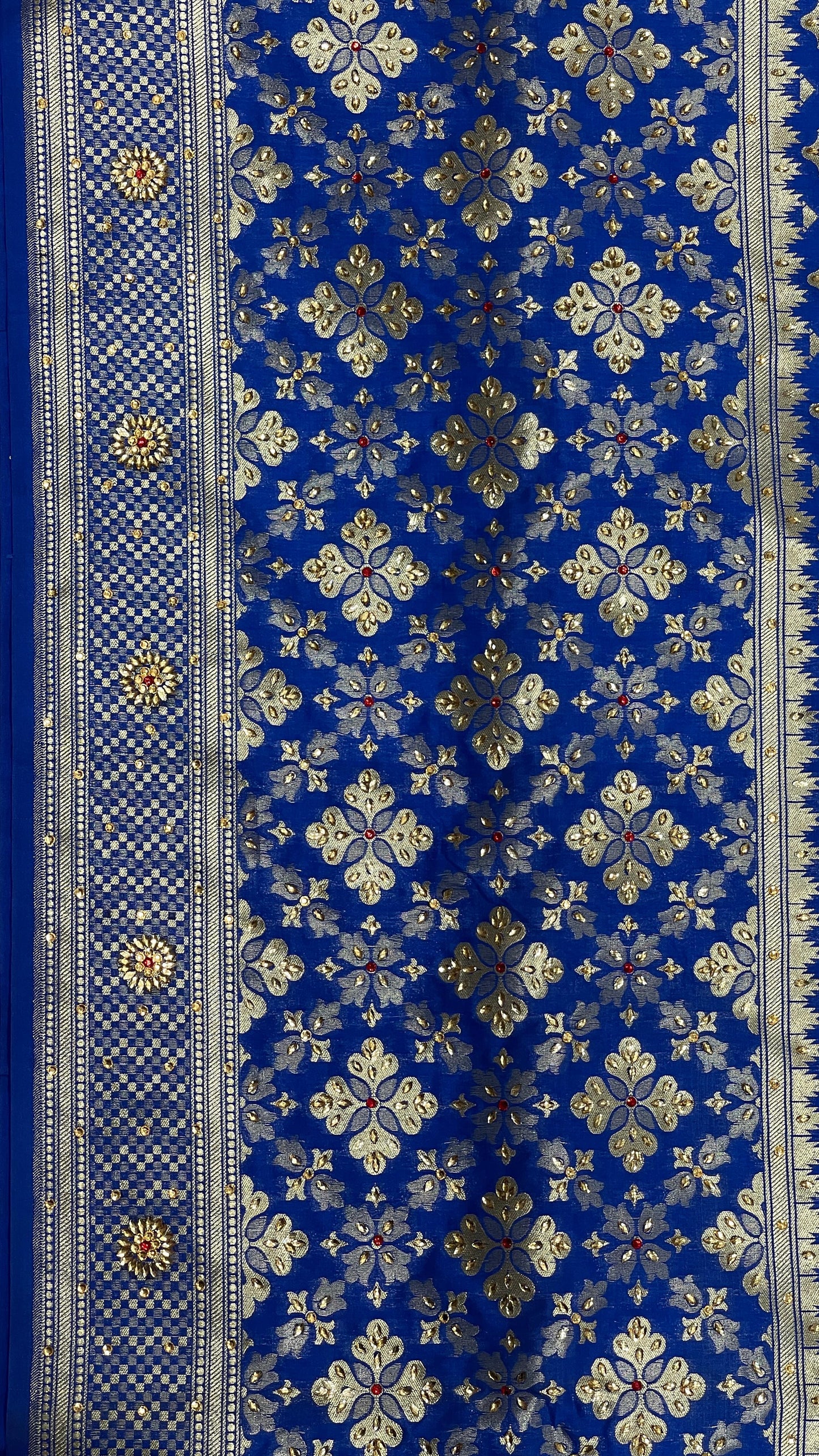 Faishana Presents Blue Satin Silk Floral Zari Booti Stone Heavy Work Banarasi Saree with Checkered Pallu Skirt Zari Border and Blue Blouse