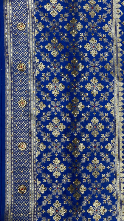 Faishana Presents Blue Satin Silk Floral Zari Booti Stone Heavy Work Banarasi Saree with Checkered Pallu Skirt Zari Border and Blue Blouse