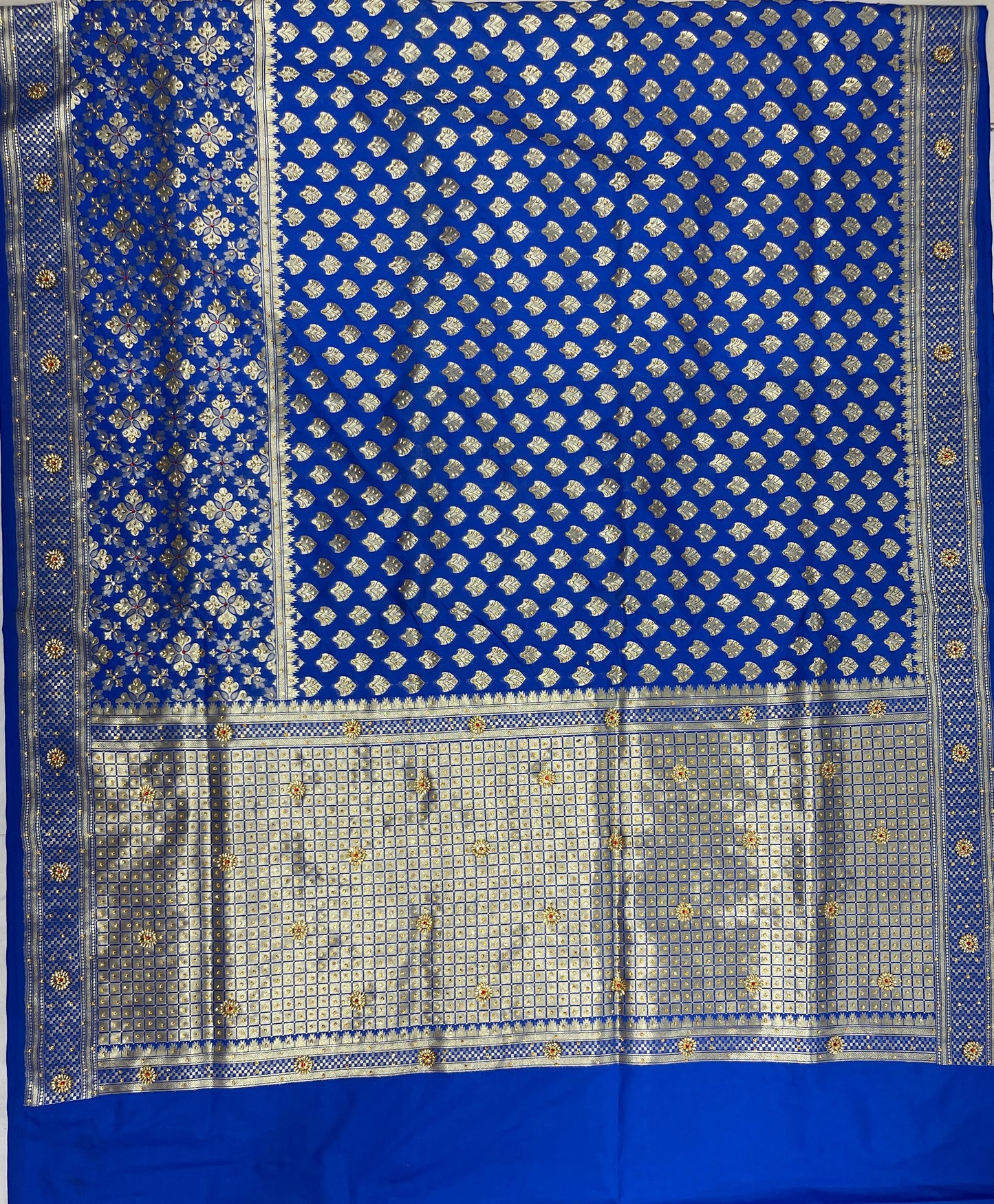 Faishana Presents Blue Satin Silk Floral Zari Booti Stone Heavy Work Banarasi Saree with Checkered Pallu Skirt Zari Border and Blue Blouse