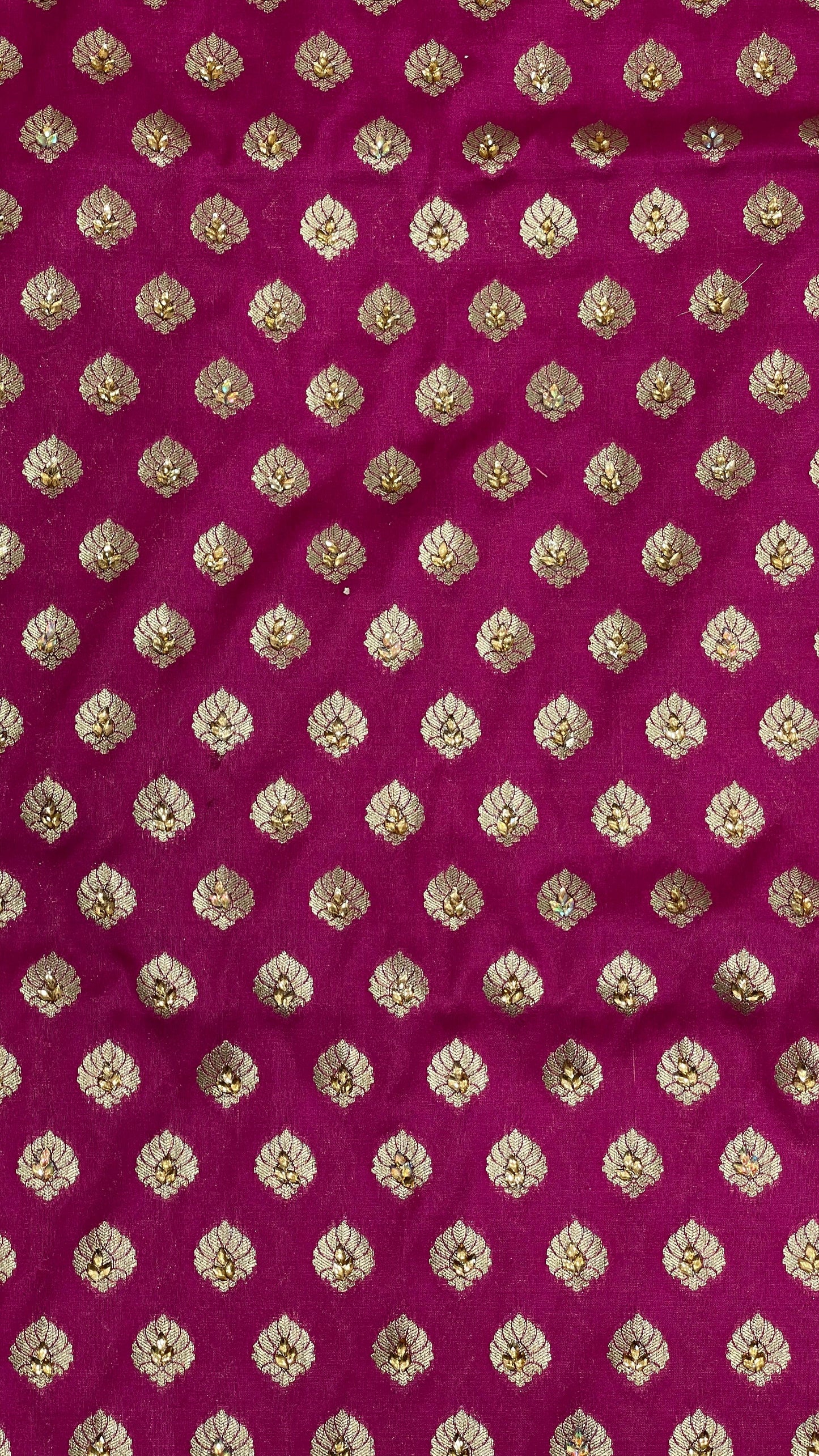 Faishana Presents Magenta Satin Silk Floral Zari Booti Heavy Stone Work Banarasi Saree with Lehariya Pallu and Magenta Blouse