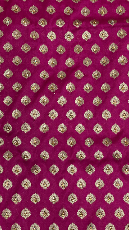 Faishana Presents Magenta Satin Silk Floral Zari Booti Heavy Stone Work Banarasi Saree with Lehariya Pallu and Magenta Blouse