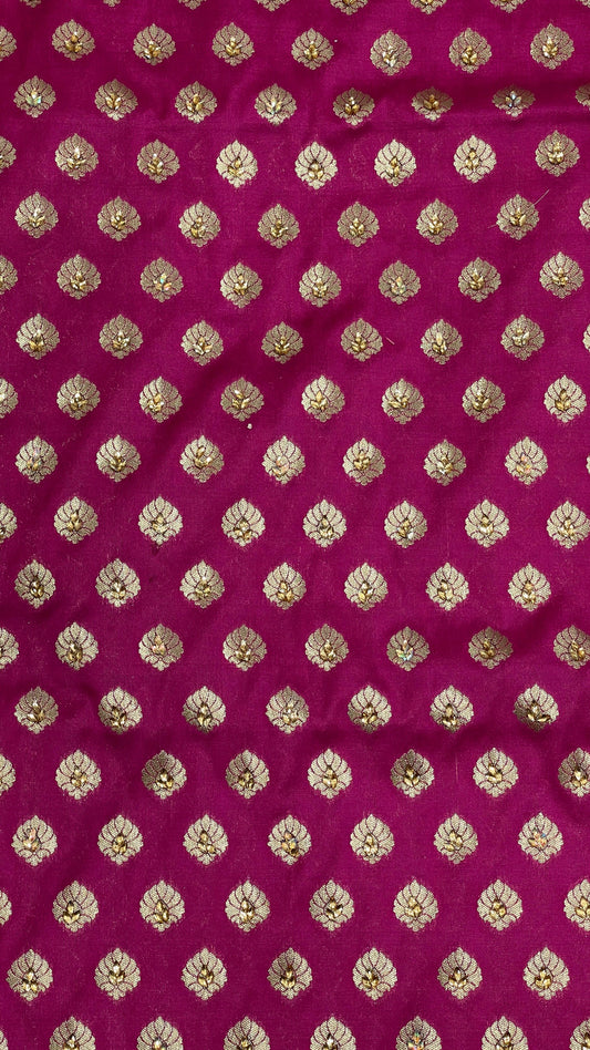 Faishana Presents Magenta Satin Silk Floral Zari Booti Heavy Stone Work Banarasi Saree with Lehariya Pallu and Magenta Blouse