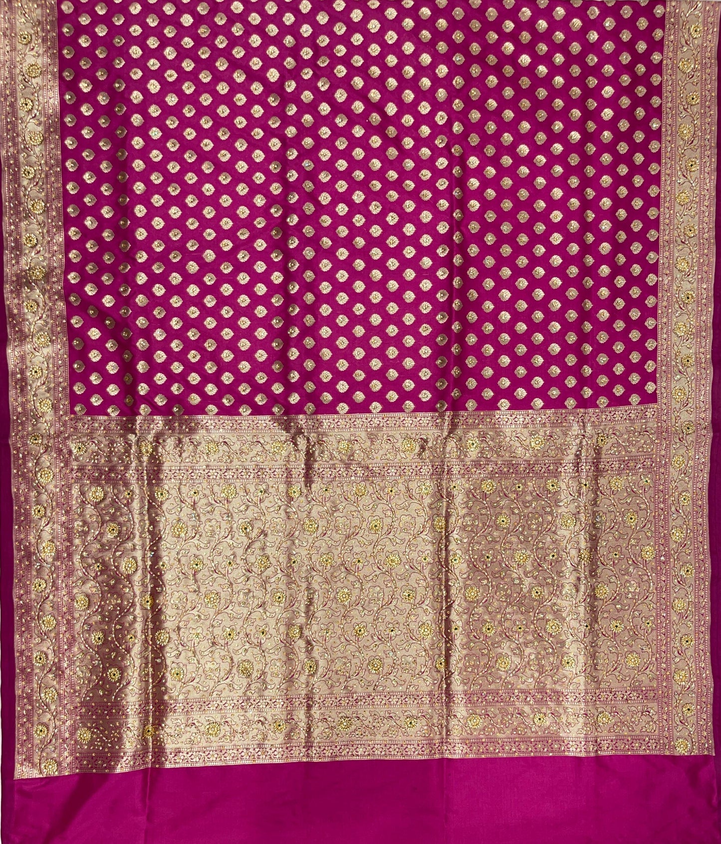 Faishana Presents Magenta Satin Silk Floral Zari Booti Heavy Stone Work Banarasi Saree with Lehariya Pallu and Magenta Blouse