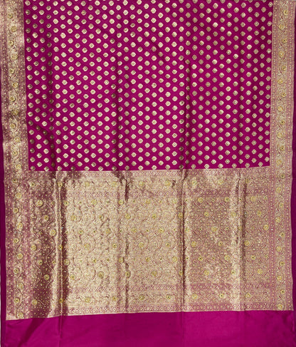 Faishana Presents Magenta Satin Silk Floral Zari Booti Heavy Stone Work Banarasi Saree with Lehariya Pallu and Magenta Blouse