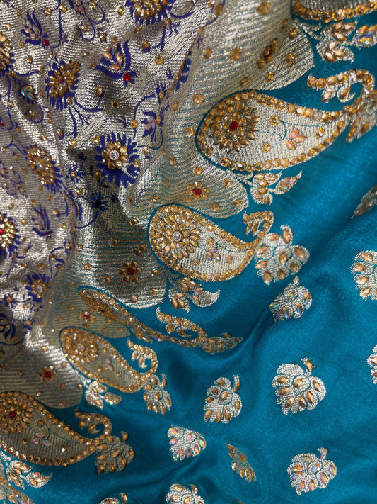 Faishana Presents Seagreen Satin Silk Floral Zari Booti Heavy Stone Work Banarasi Saree with Contrast Purple Pallu and Purple Blouse