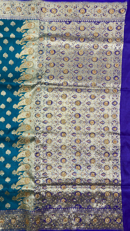 Faishana Presents Seagreen Satin Silk Floral Zari Booti Heavy Stone Work Banarasi Saree with Contrast Purple Pallu and Purple Blouse