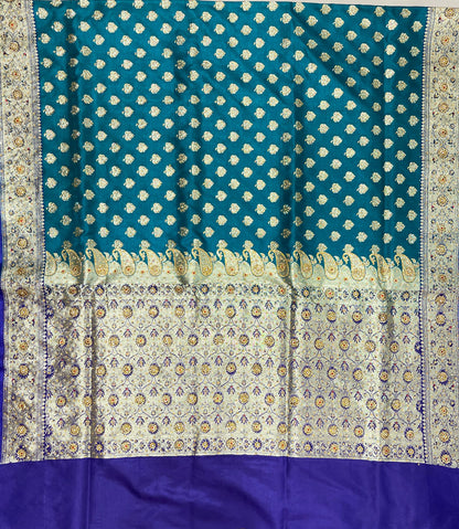 Faishana Presents Seagreen Satin Silk Floral Zari Booti Heavy Stone Work Banarasi Saree with Contrast Purple Pallu and Purple Blouse