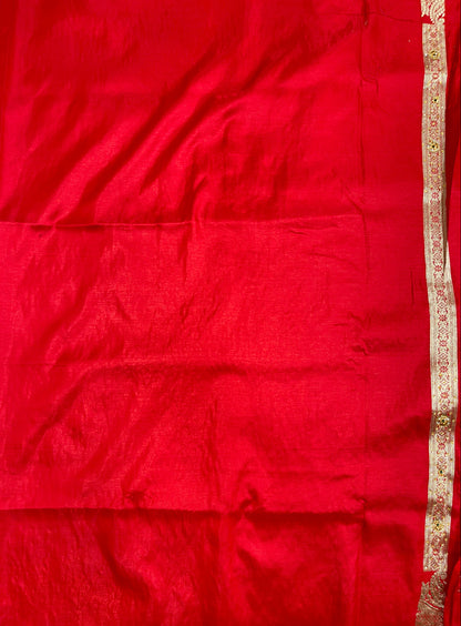 Faishana Presents Red Satin Silk Diagonal Zari Stripe Zari Jaal Heavy Stone Work Banarasi Saree with Red Pallu and Red Blouse