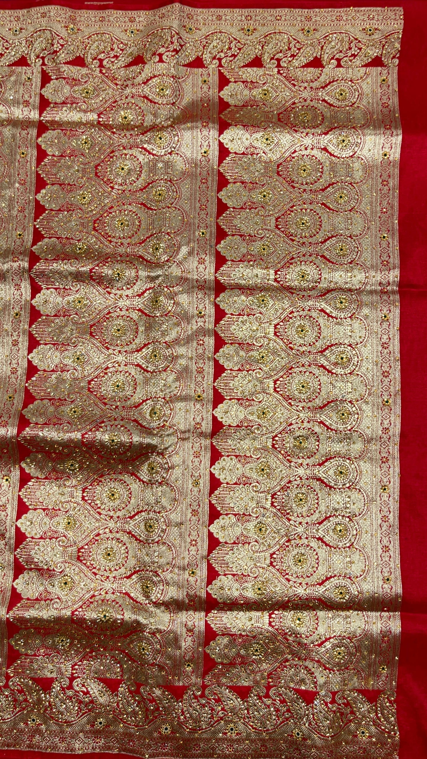 Faishana Presents Red Satin Silk Diagonal Zari Stripe Zari Jaal Heavy Stone Work Banarasi Saree with Red Pallu and Red Blouse
