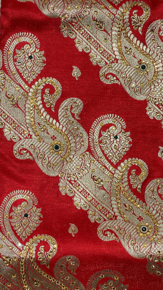 Faishana Presents Red Satin Silk Diagonal Zari Stripe Zari Jaal Heavy Stone Work Banarasi Saree with Red Pallu and Red Blouse