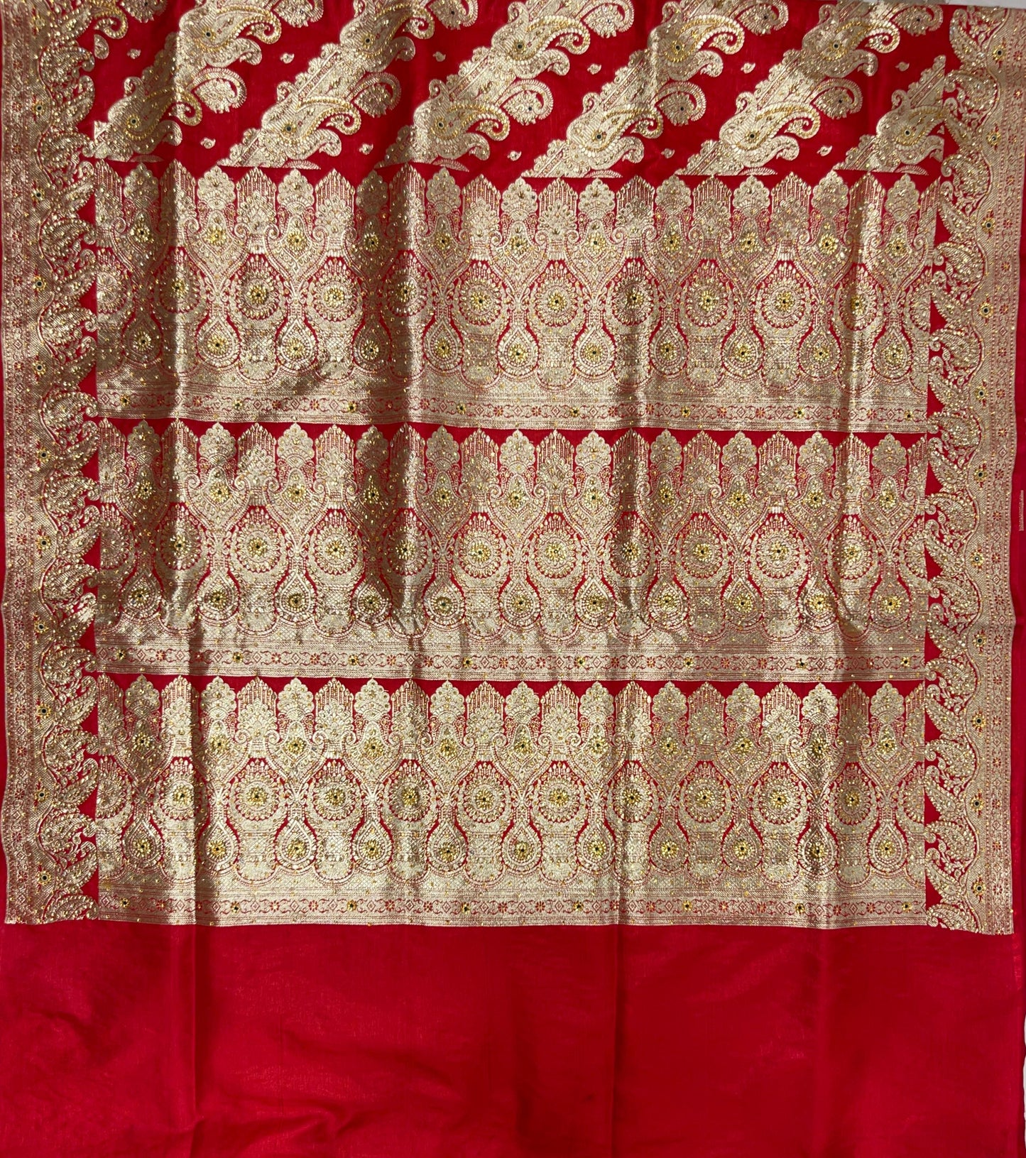 Faishana Presents Red Satin Silk Diagonal Zari Stripe Zari Jaal Heavy Stone Work Banarasi Saree with Red Pallu and Red Blouse