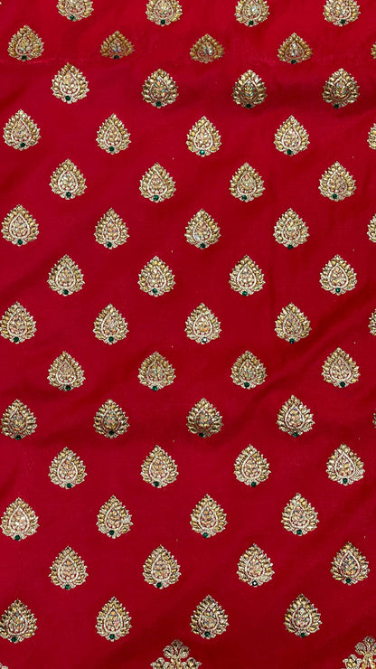 Faishana Presents Red Satin Silk Floral Zari Booti Heavy Stone Work Skirt Pan Boota Zari Border with Contrast Blue Pallu and Blue Blouse