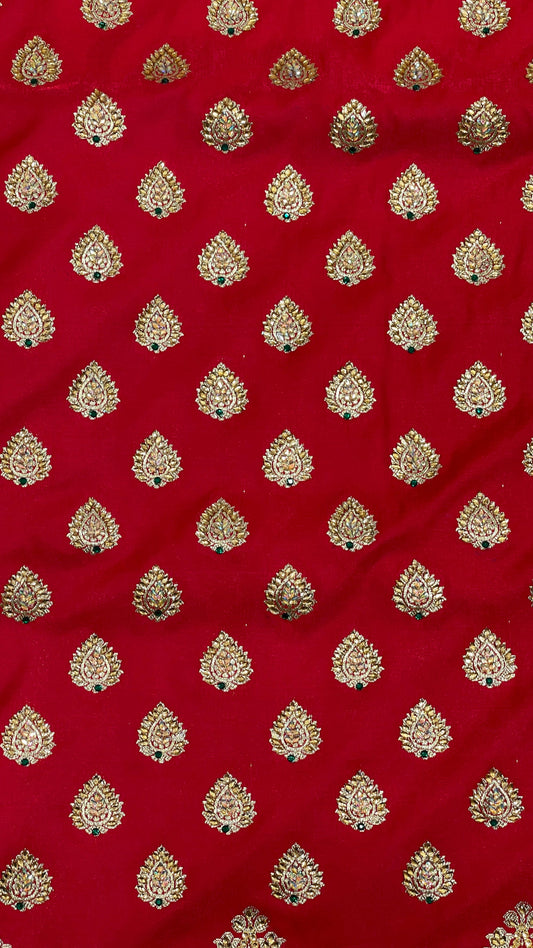 Faishana Presents Red Satin Silk Floral Zari Booti Heavy Stone Work Skirt Pan Boota Zari Border with Contrast Blue Pallu and Blue Blouse