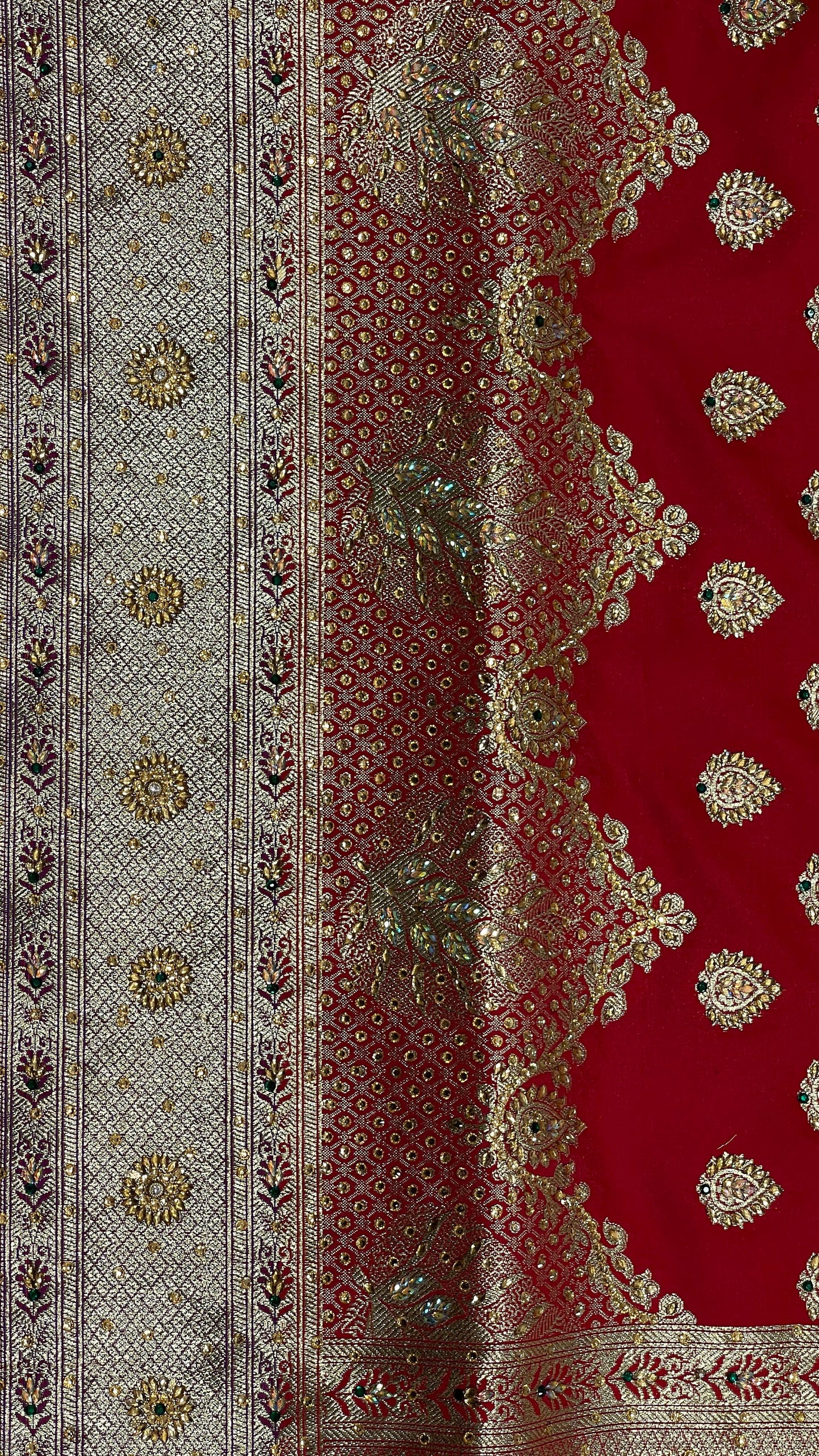 Faishana Presents Red Satin Silk Floral Zari Booti Heavy Stone Work Skirt Pan Boota Zari Border with Contrast Blue Pallu and Blue Blouse