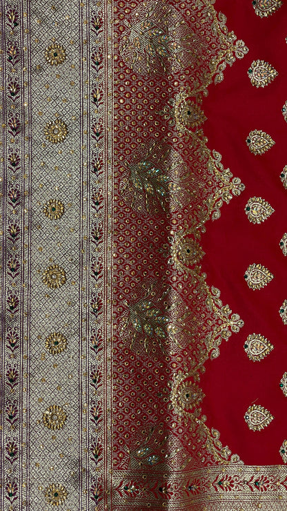 Faishana Presents Red Satin Silk Floral Zari Booti Heavy Stone Work Skirt Pan Boota Zari Border with Contrast Blue Pallu and Blue Blouse