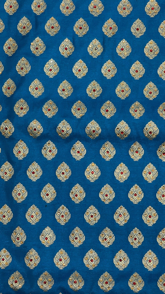 Faishana Presents Seagreen Katan Silk Zari Booti Heavy Stone Work Banarasi Saree with Contrast Blue Floral Pallu and Blue Blouse