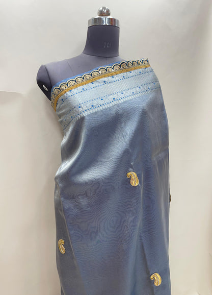 Faishana Presents Blue Lace Work Zardozi Pattern Patch work Saree with jacquard Blouse.
