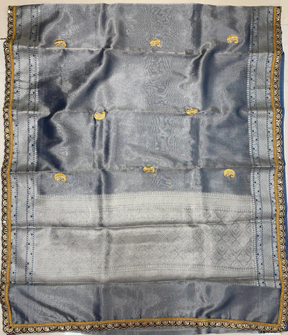 Faishana Presents Blue Lace Work Zardozi Pattern Patch work Saree with jacquard Blouse.