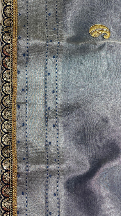 Faishana Presents Blue Lace Work Zardozi Pattern Patch work Saree with jacquard Blouse.