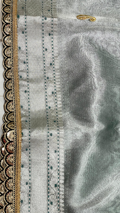 Faishana Presents Green Lace Work Zardoji Pattern Patch work Saree with jacquard Blouse.