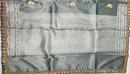 Faishana Presents Green Lace Work Zardoji Pattern Patch work Saree with jacquard Blouse.