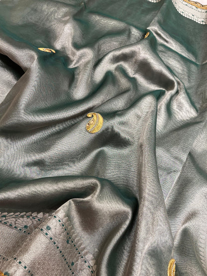 Faishana Presents Green Lace Work Zardoji Pattern Patch work Saree with jacquard Blouse.
