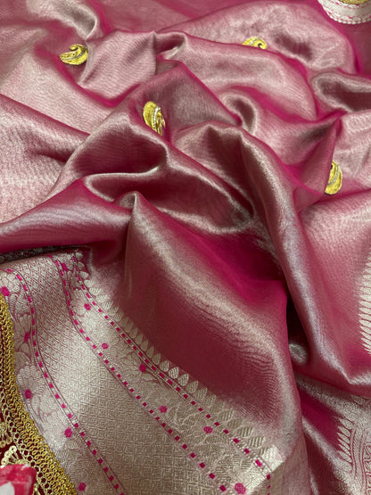 Faishana Presents Pink Lace Work Zardoji Pattern Patch work Saree with jacquard Blouse.